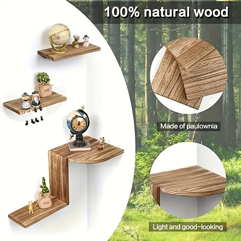 Rustic Wooden Wall Mounted Corner Shelf Set