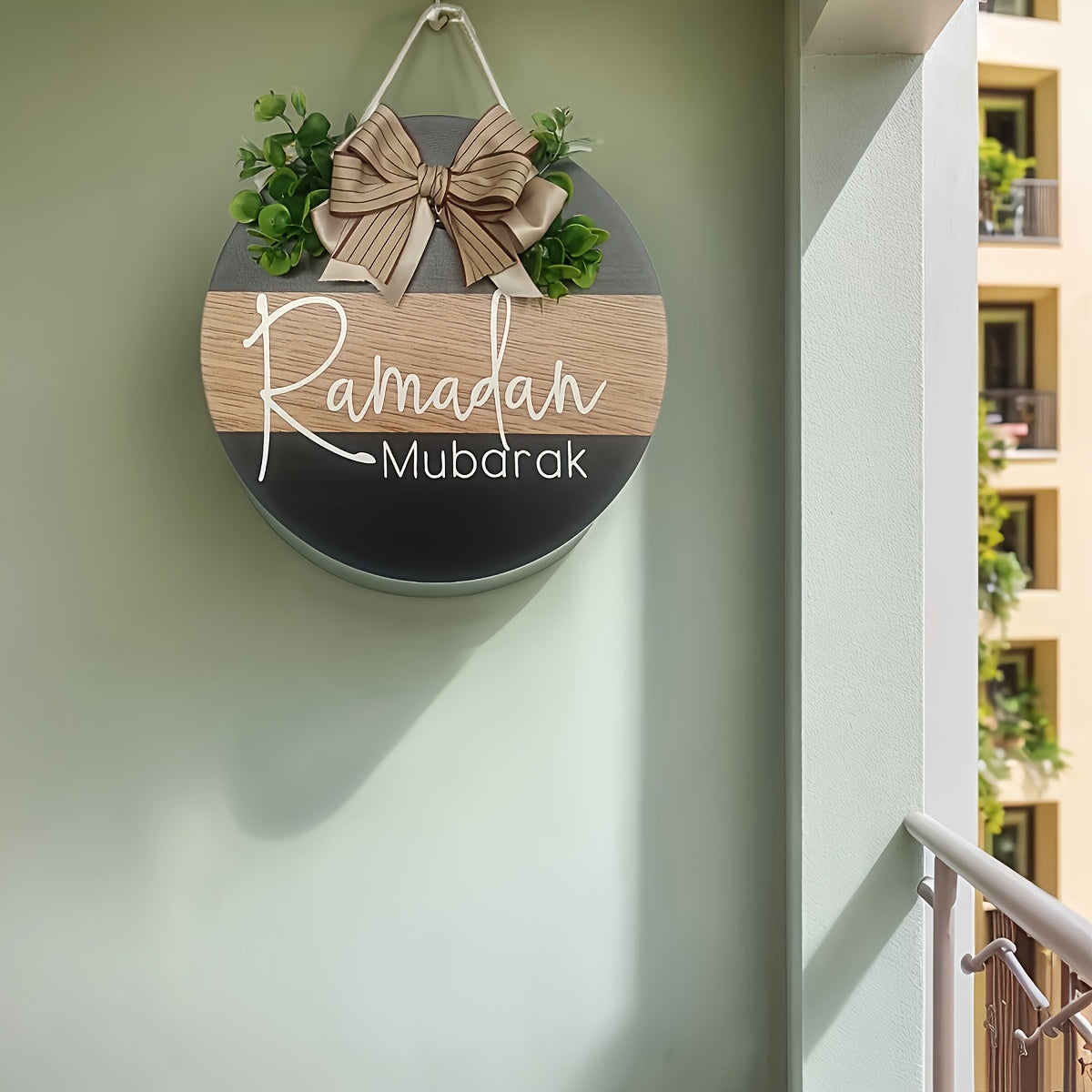 Ramadan Wooden Door Wreath with Burlap Bow