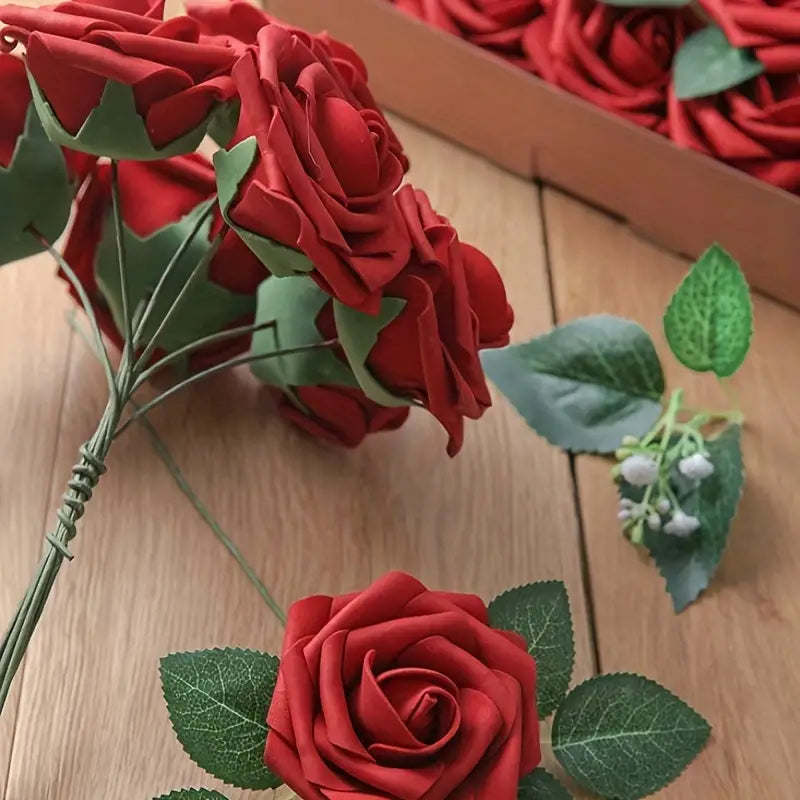 25pcs Realistic Wine Reds Artificial Flowers