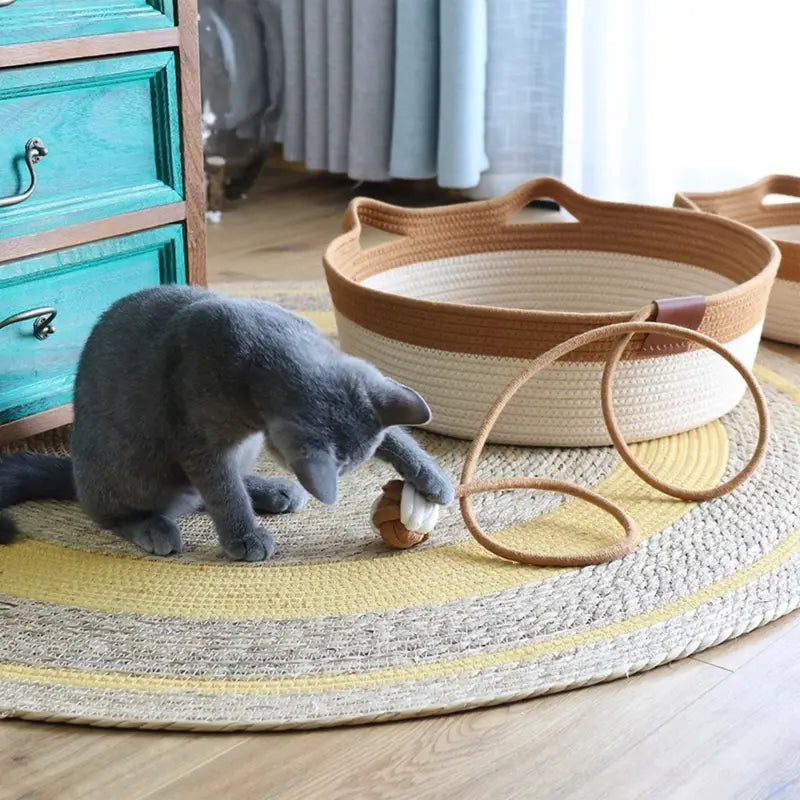 Cat Ear Shape Thickened Woven Cat Scratching Board Pet Bed - Khaki White