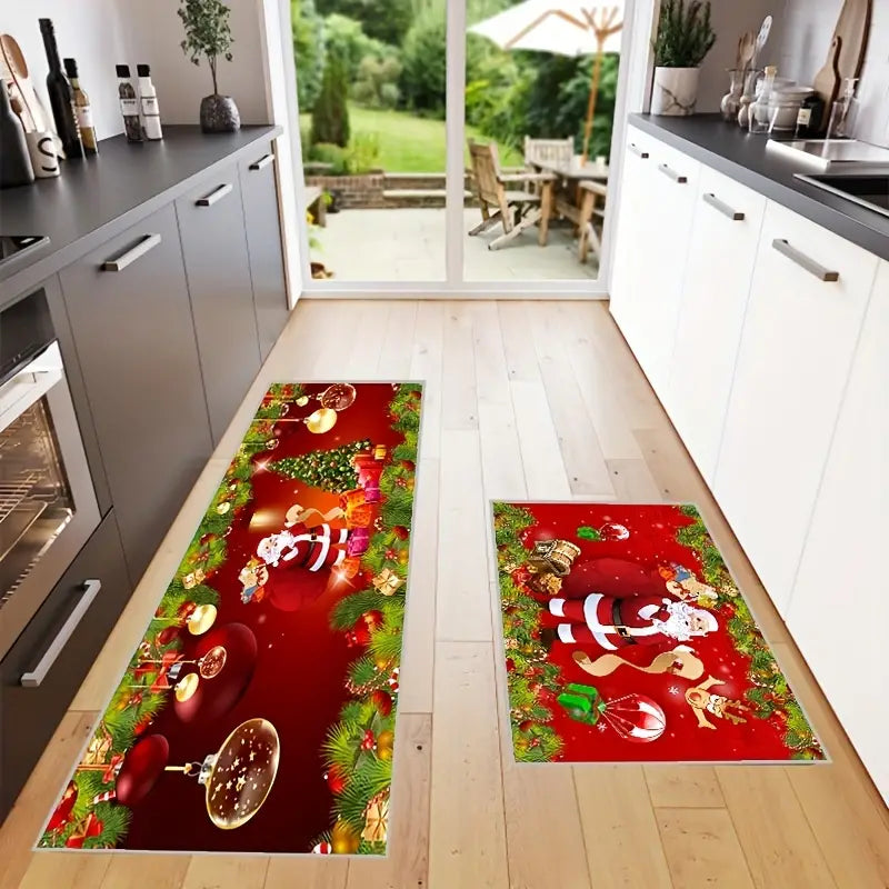 Add Festive Cheer with 2pcs Red Santa Claus Kitchen Mat Set