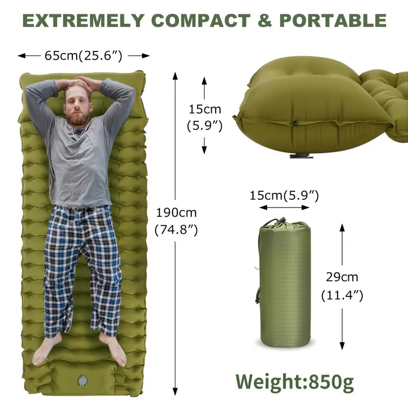 Ultimate Green Comfort Outdoor Inflatable Camping Mattress with Built-in Pillow
