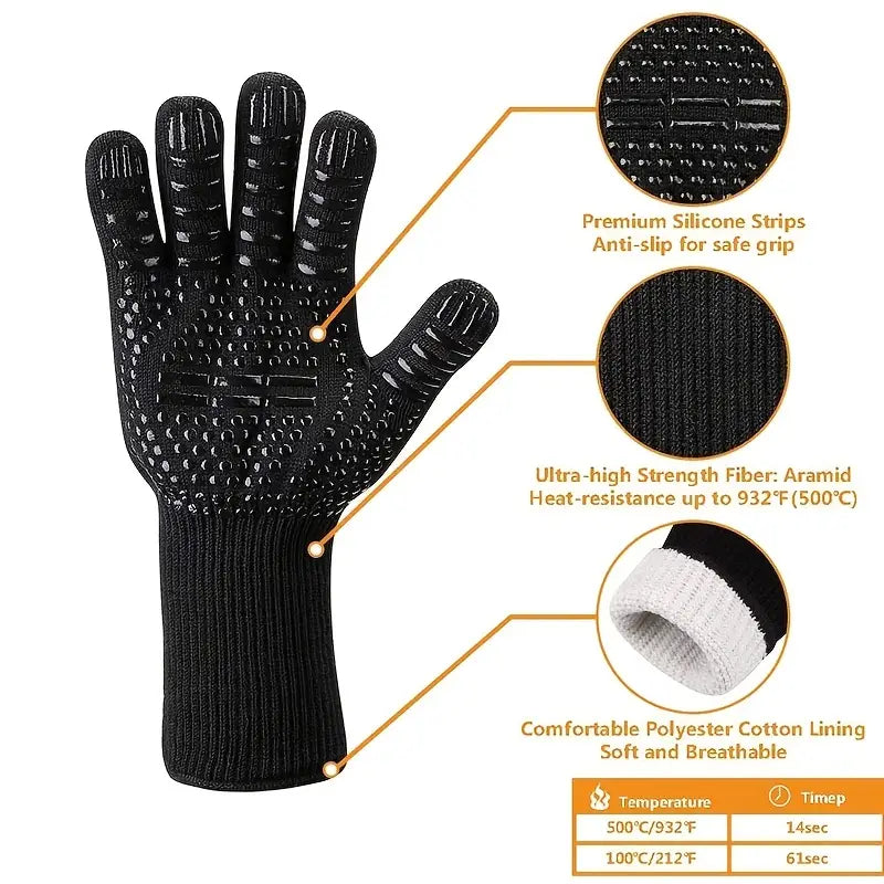 Fireproof Silicone BBQ Gloves - Heat Resistant, Cut-Resistant, Non-Slip (Black)