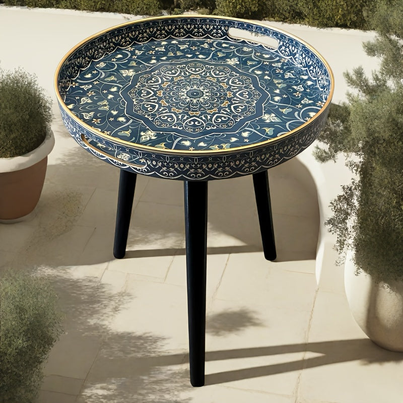 Outdoor Round Tray Table with Wooden Legs