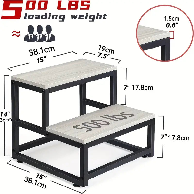 Heavy Duty 2-Step Steel and Wooden Step Stool - Grey