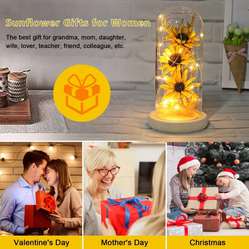 Radiant Christmas Joy: LED-Lit Artificial Sunflower in Glass Dom