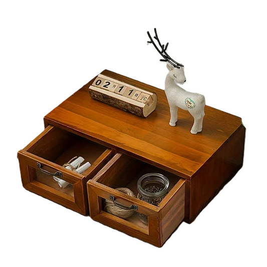 Vintage Wooden Desk Organizer with Glass Drawer - Double Drawer Size