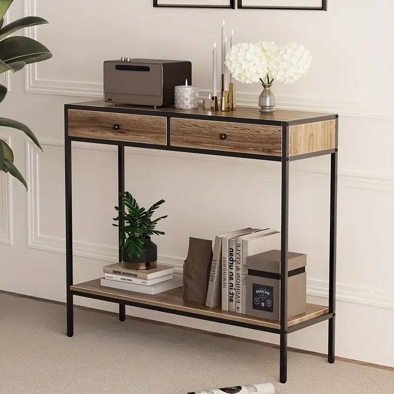 Brown Rectangular Living Room Entryway Table with Shelf and Two Drawers