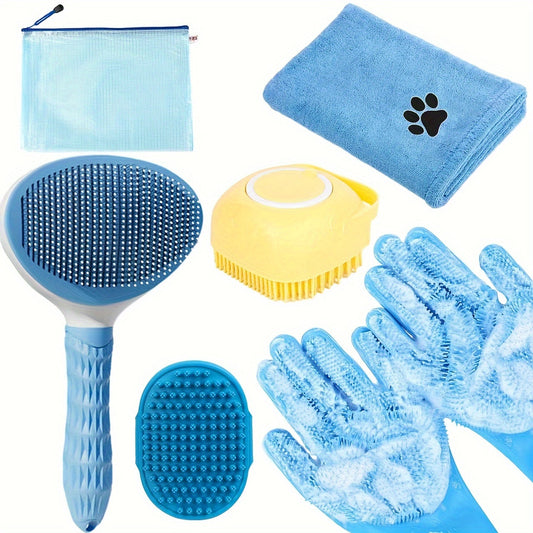 Dog Bath Brush Grooming Kit 6pcs with Gloves & Towel