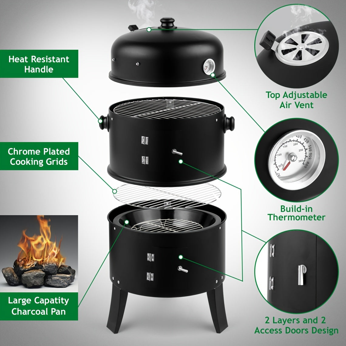 3-in-1 Charcoal Smoker Grill Outdoor BBQ Cooker