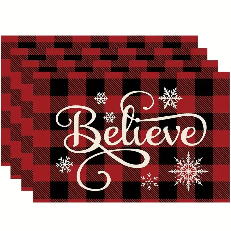 Set of 4 Red & Black Plaid Christmas Polyester Placemats