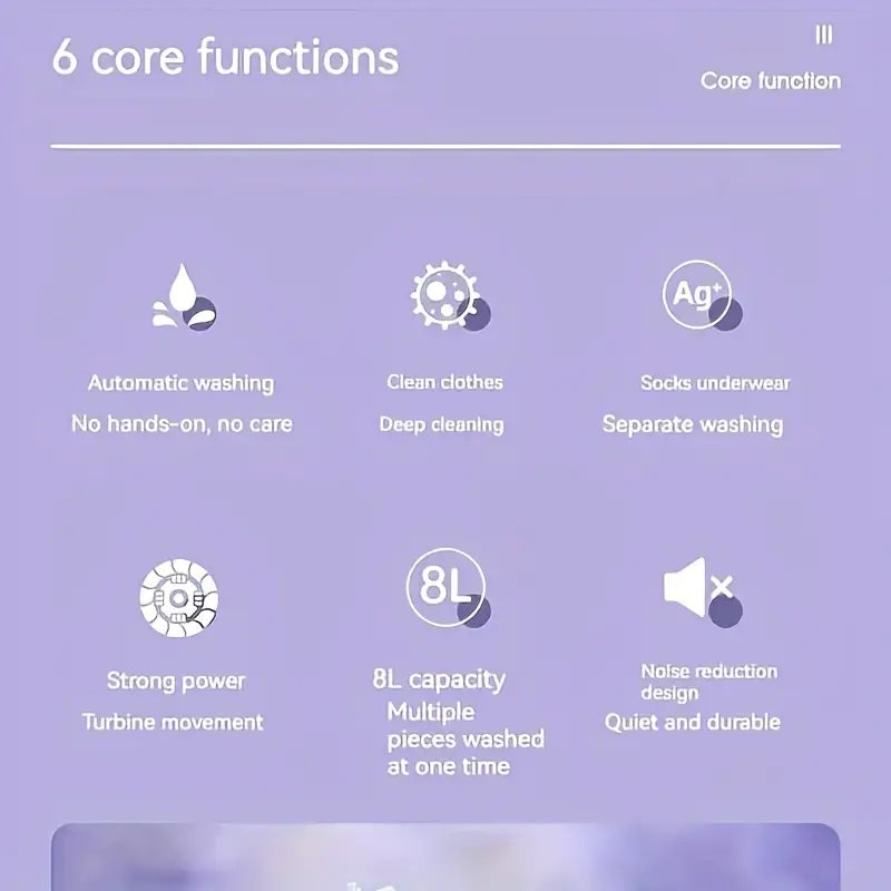 Portable Mini Washing Machine - Collapsible, 8L Capacity, 3 Sterilizing Modes, Purple