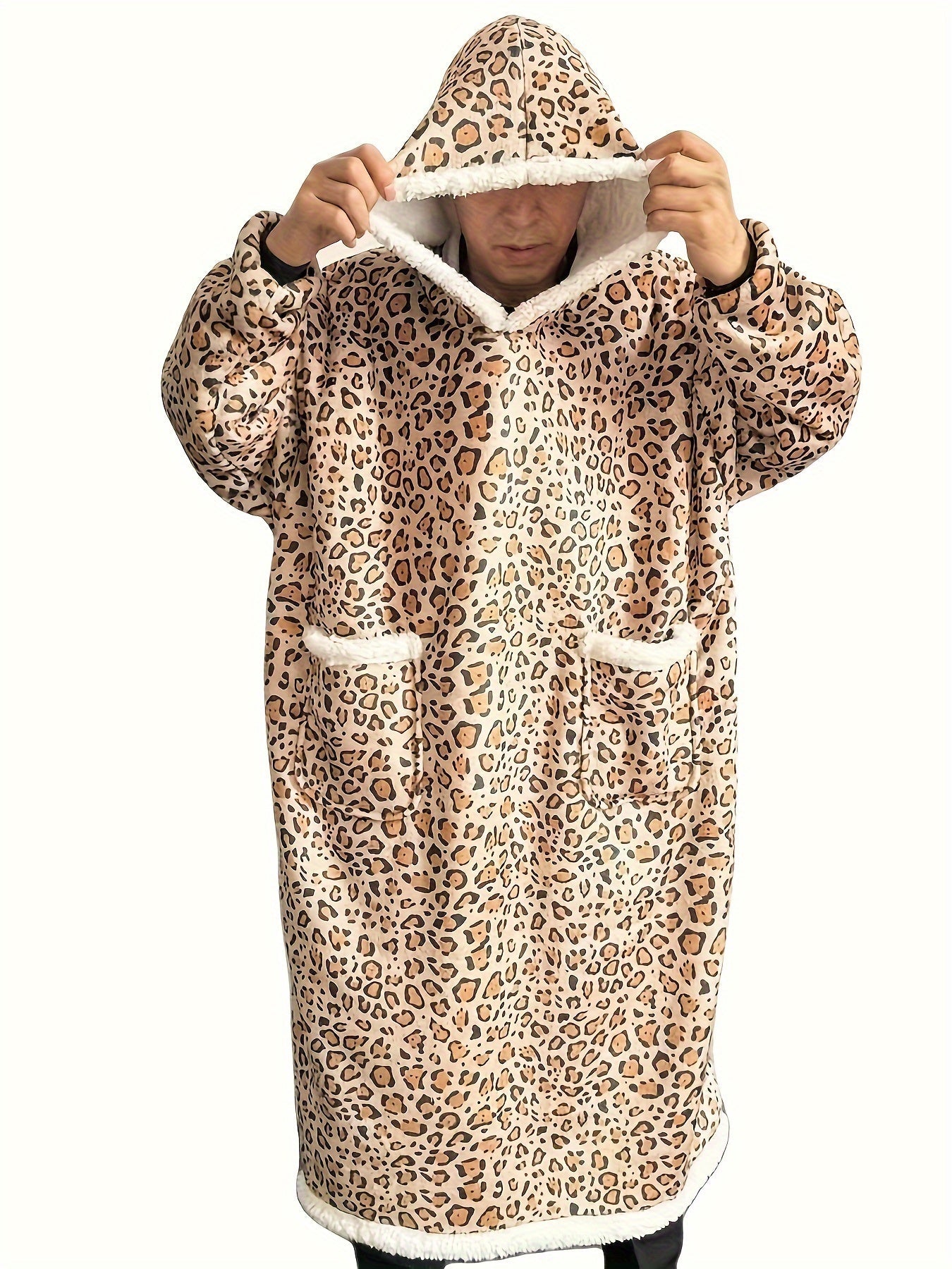 Leopard Print Flannel Hooded Winter Robe Set