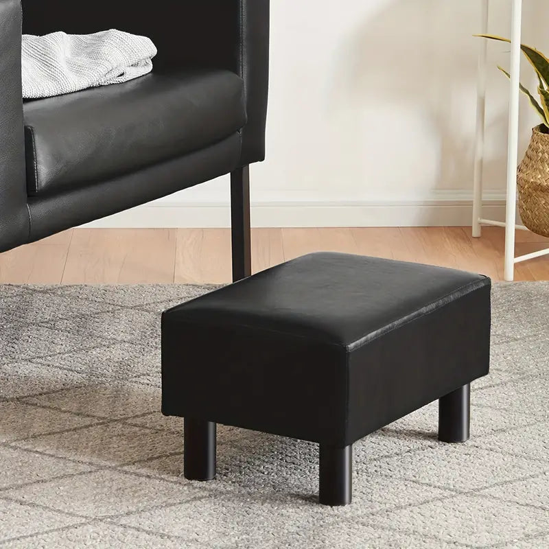 Small Wooden Leg Ottoman: Black PU Faux Leather Footrest