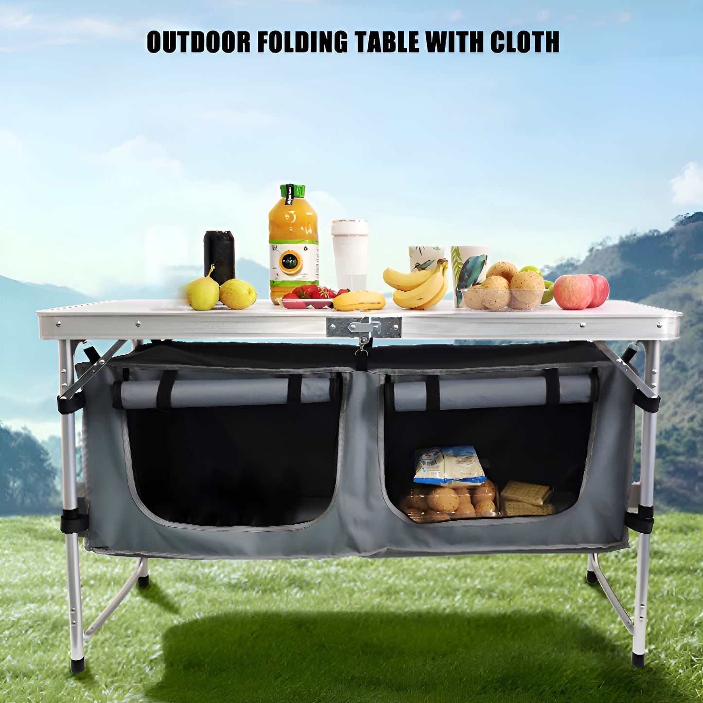 3-Height Portable Folding Camping Table with Storage
