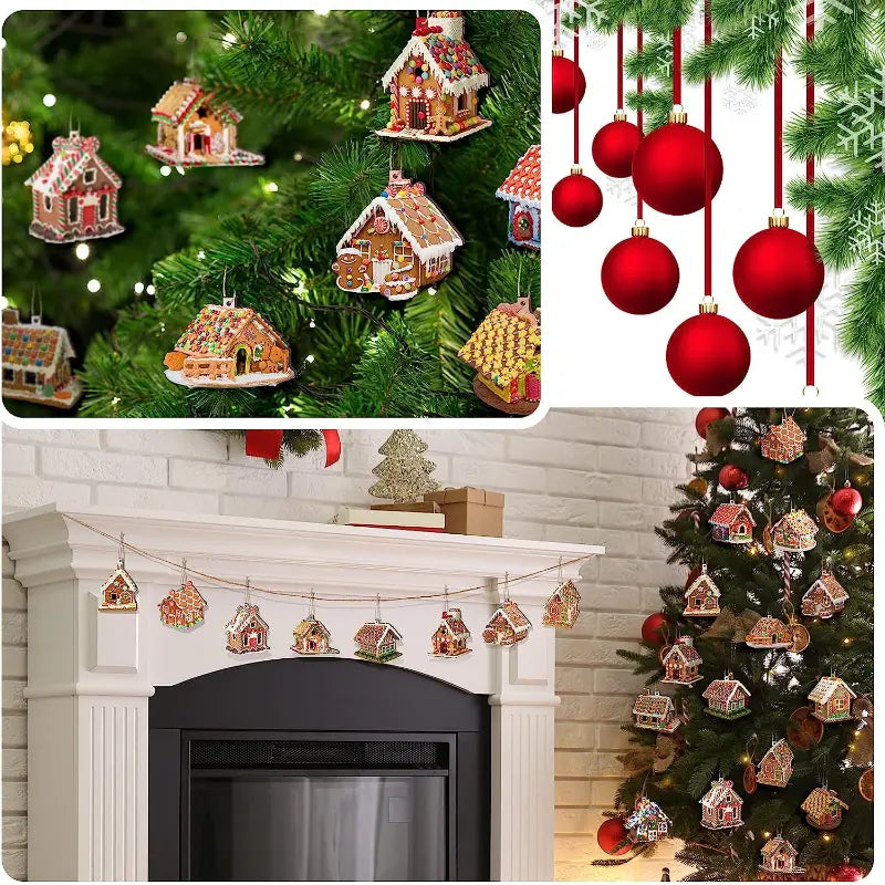 Wooden Christmas Ornaments: 15pcs Colorful Gingerbread Candy House Theme Festive Holiday