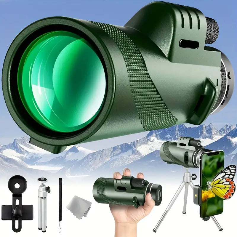 80x100 Monocular Telescope with Phone Clip and Tripod - Green