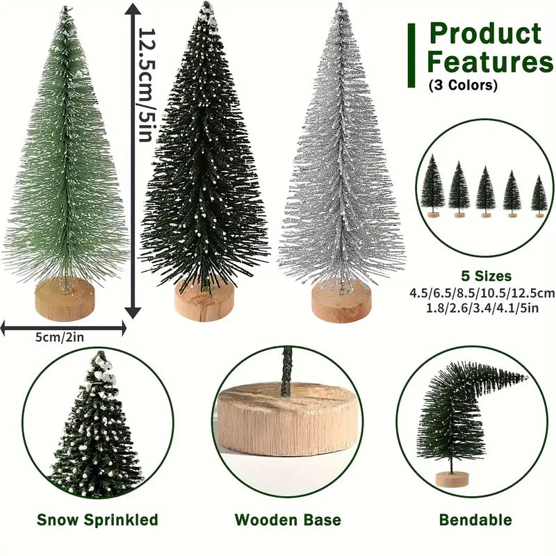 15-Piece Christmas Trees Set - Assorted Artificial Bottle Brush Trees with Wooden Bases