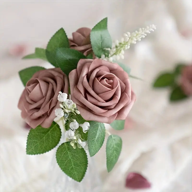 25pcs Retro Pink Artificial Roses | Dusty Rose Real Touch Simulation Flowers