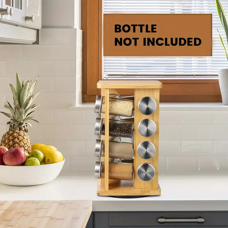 Bamboo Revolving Spice Rack - 16-Jar Countertop Organizer for Kitchen Storage