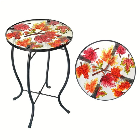 Outdoor Mosaic Side Table with Printed Maple Leaf Glass Top