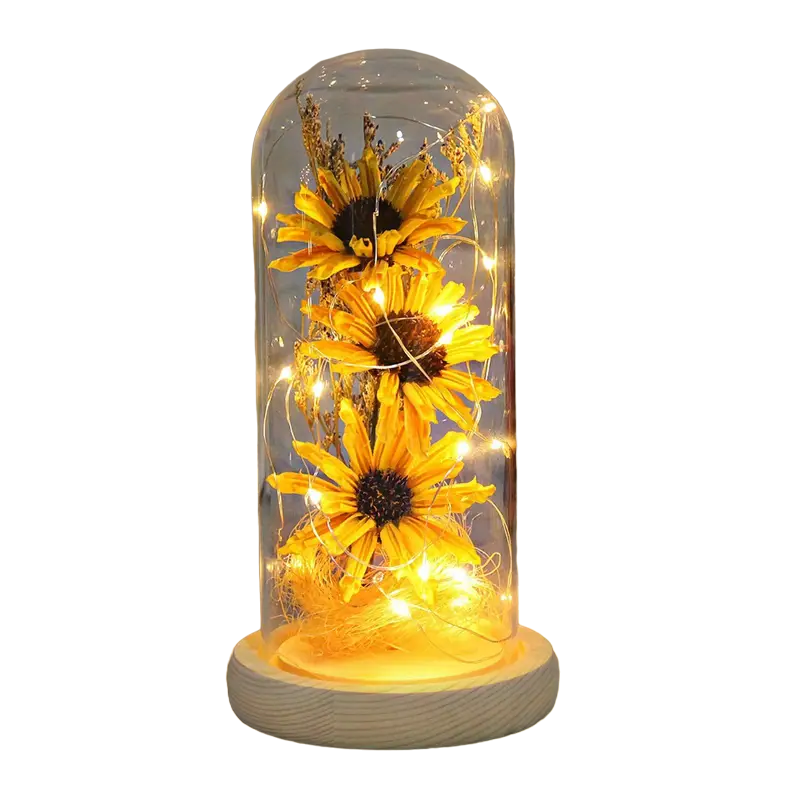 Radiant Christmas Joy: LED-Lit Artificial Sunflower in Glass Dom