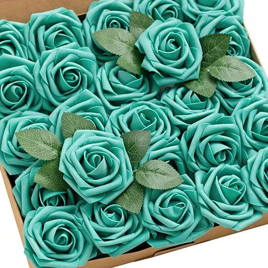 25pcs Teal Green Artificial Roses with Flexible Stems