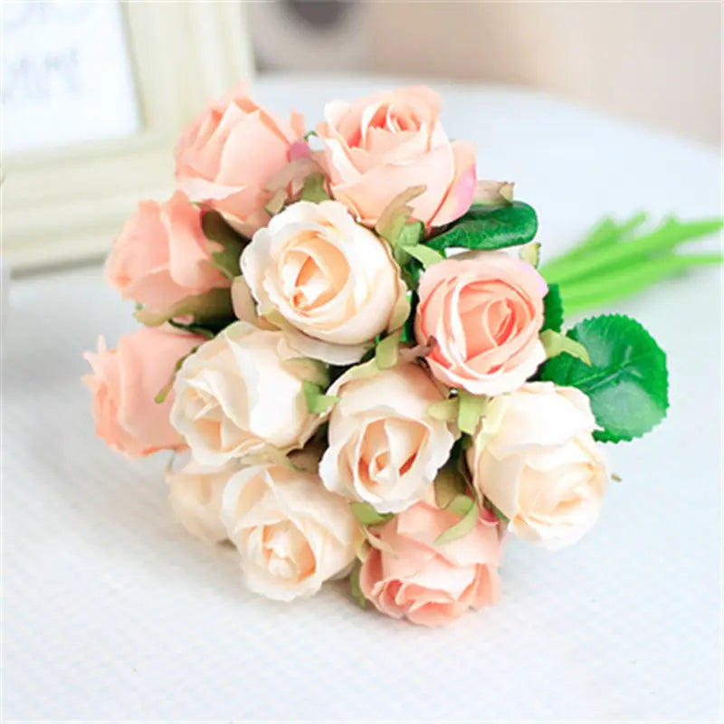 12-Piece Premium Artificial Rose Flowers with Stems(Champagne)