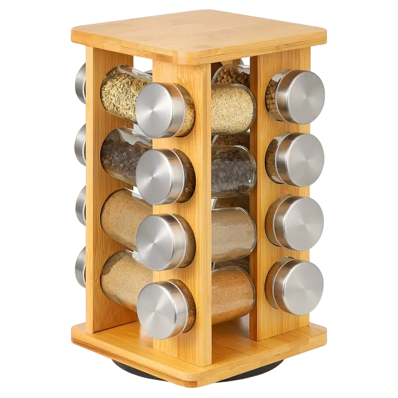 Bamboo Revolving Spice Rack - 16-Jar Countertop Organizer for Kitchen Storage