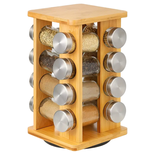 Bamboo Revolving Spice Rack - 16-Jar Countertop Organizer for Kitchen Storage