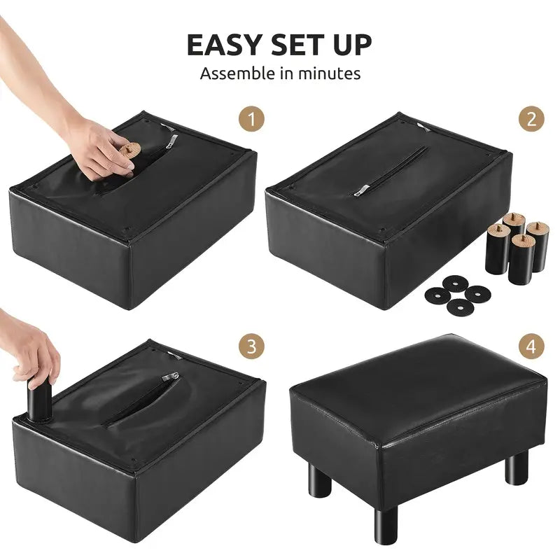 Small Wooden Leg Ottoman: Black PU Faux Leather Footrest