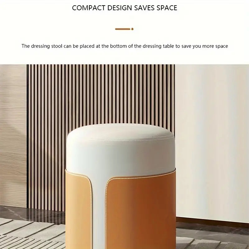 Solid Wood Frame Microfiber Leather Circular Dressing Stool in Orange Color