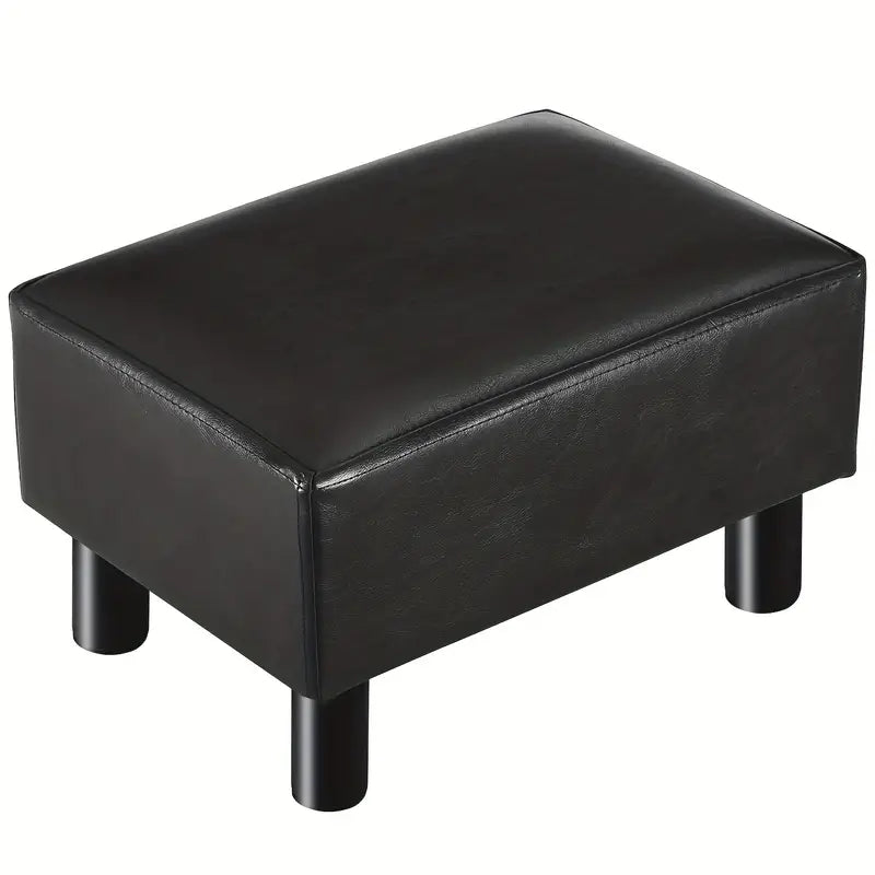 Small Wooden Leg Ottoman: Black PU Faux Leather Footrest