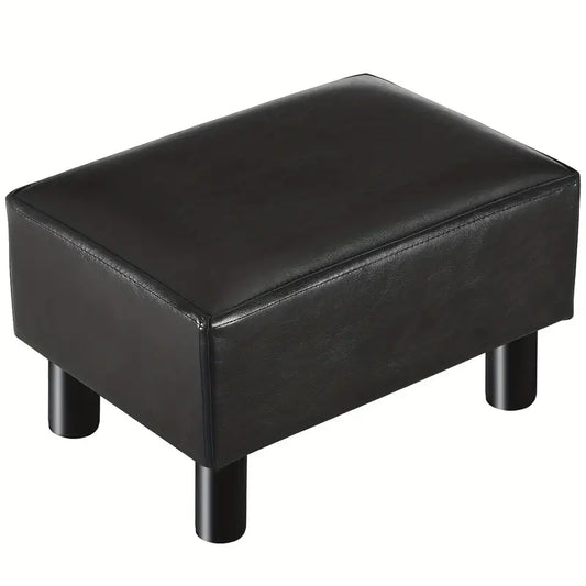 Small Wooden Leg Ottoman: Black PU Faux Leather Footrest