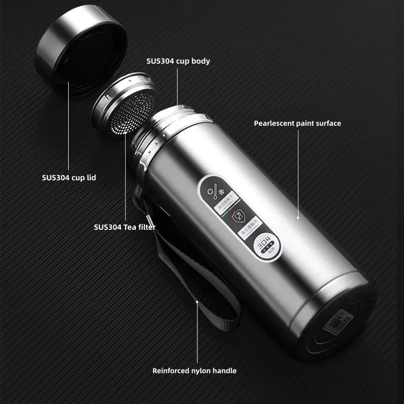 1L Stainless Steel Thermos Bottle LED Temperature Display Silver