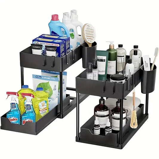 Pull Out Under Sink Storage Rack - Kitchen & Bathroom Organizer