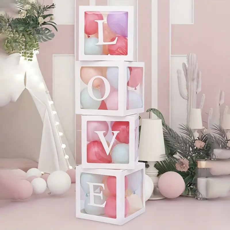White LOVE Letter Wedding Decoration Set with Transparent Balloon Boxes (4 Boxes + LOVE Letters), 30cm
