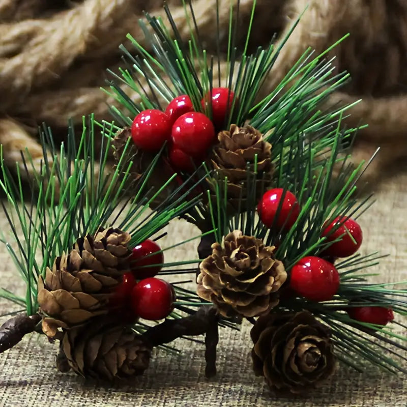 Set of 10 Artificial Christmas Picks - Festive Red Berry Holly Branches for Tree Decor