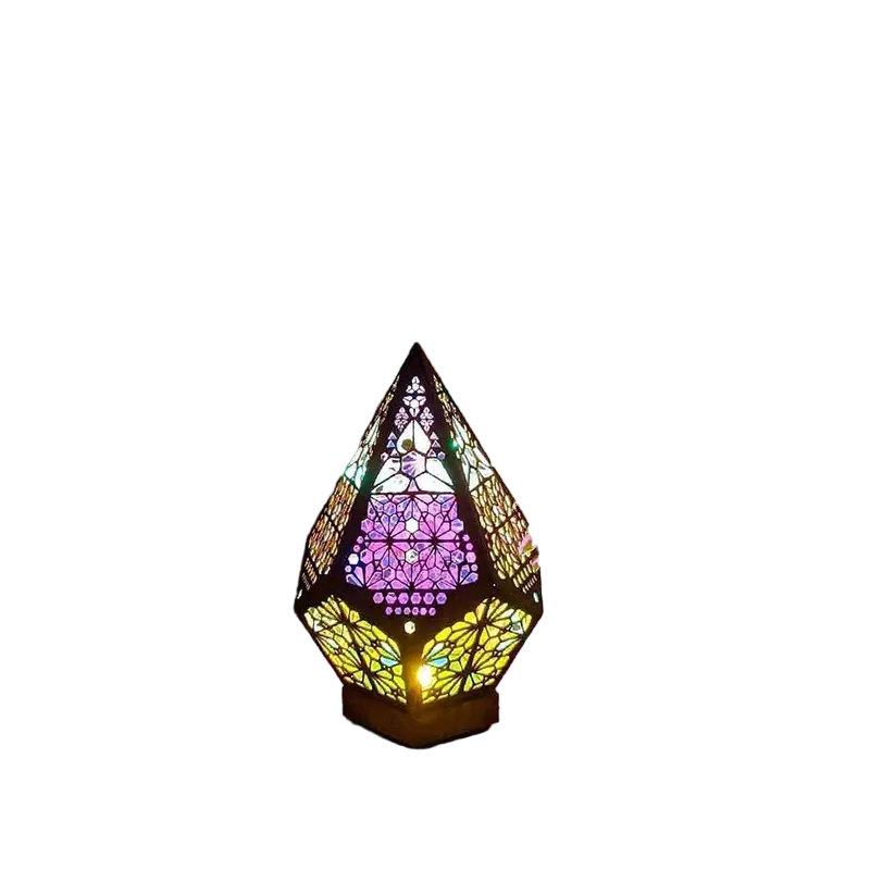 Wooden Bohemian Floor Lamp with USB Charging Port - Retro LED Colorful Diamond Lights