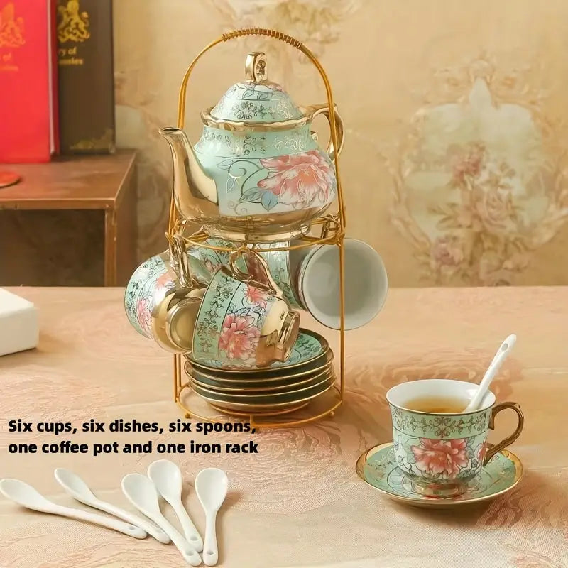 Green Elegance in Bloom: 20-Piece Ceramic Tea and Coffee Set with Iron Rack