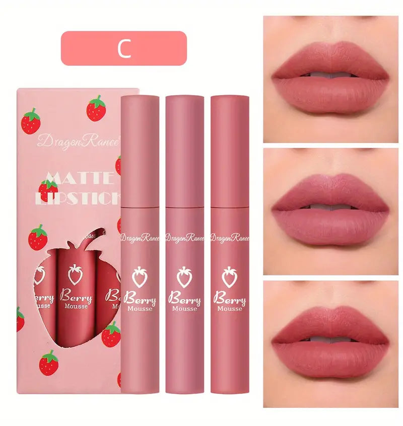 3pcs colors Light weight Softness Velvet Matte Lipstick set  - Long Lasting, Non-Stick
