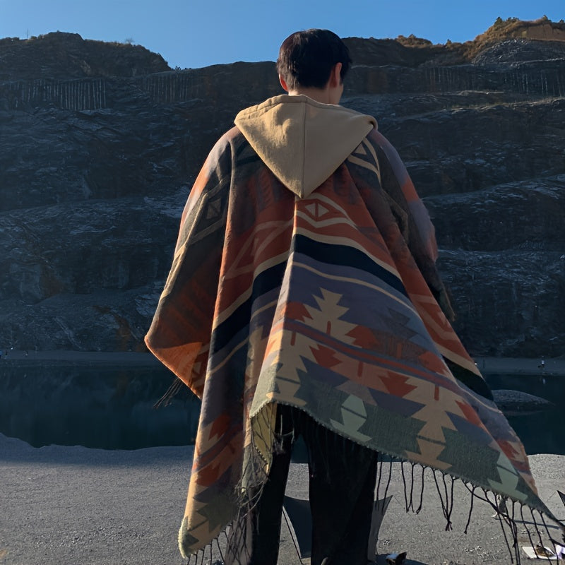 Windproof Cape Boho Geometric Shawl Wrap with Fringe