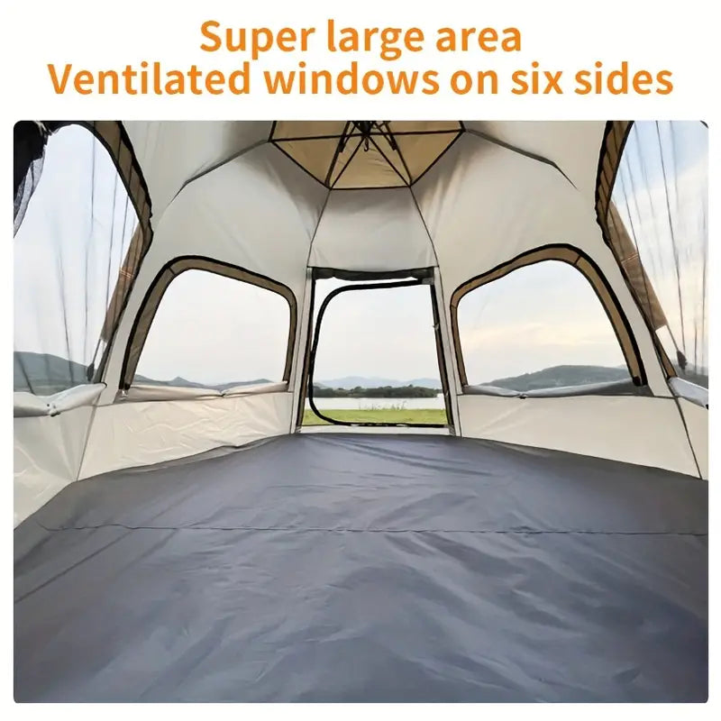 Hexagonal Fiberglass Pole Camping Tent - Silvery Glue Beige, 4-Person Capacity
