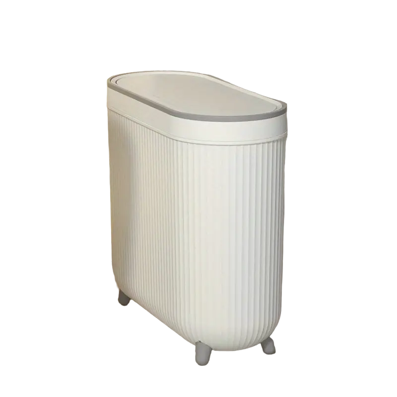 Compact Toilet Trash Can with Quiet Close Lid - White Gray Plastic, Space-Saving Design