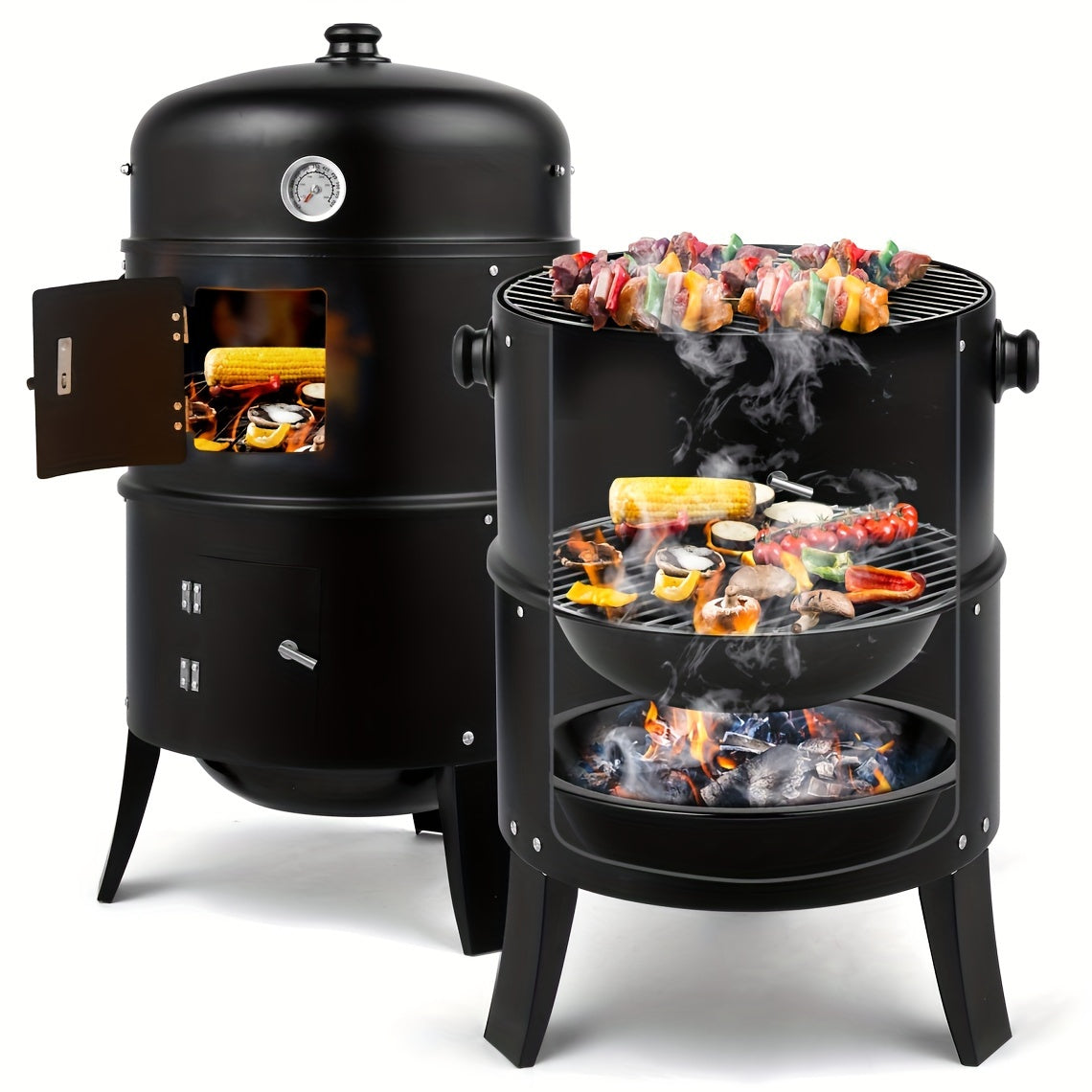 3-in-1 Charcoal Smoker Grill Outdoor BBQ Cooker