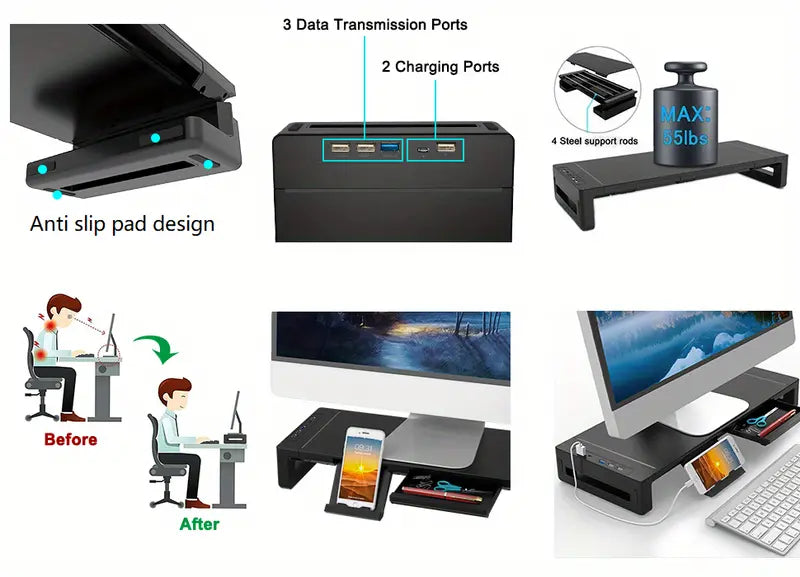 Ultimate Monitor Stand Riser: USB Hub, Data Port, and TYPE-C Charging Powerhouse