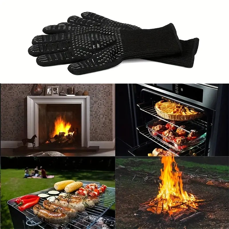 Fireproof Silicone BBQ Gloves - Heat Resistant, Cut-Resistant, Non-Slip (Black)