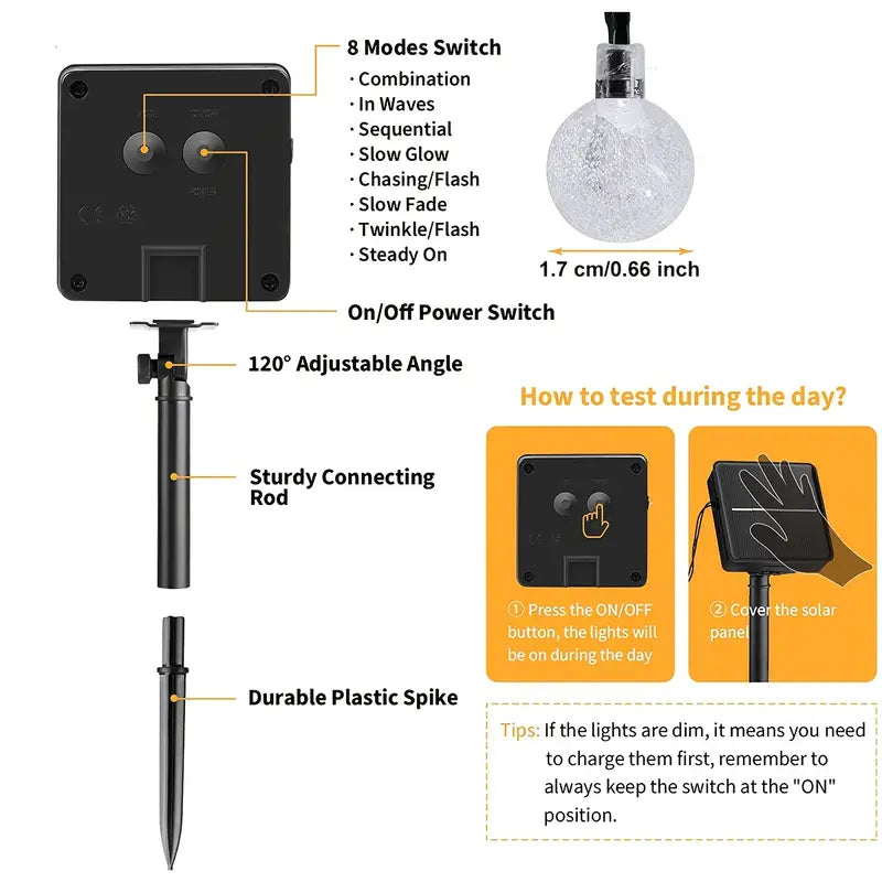 Solar Crystal Globe String Lights - 1 Pack, 100 LED, IP65 Waterproof, 8 Lighting Modes