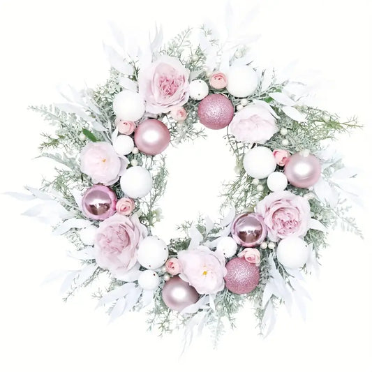 Blushing Elegance: A Pink Christmas Wreath Adorned with Baubles