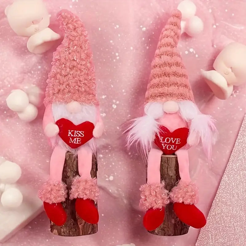 Romantic Handmade Plush Valentine's Day Gnome Decor Set - Long Leg Love Heart Design